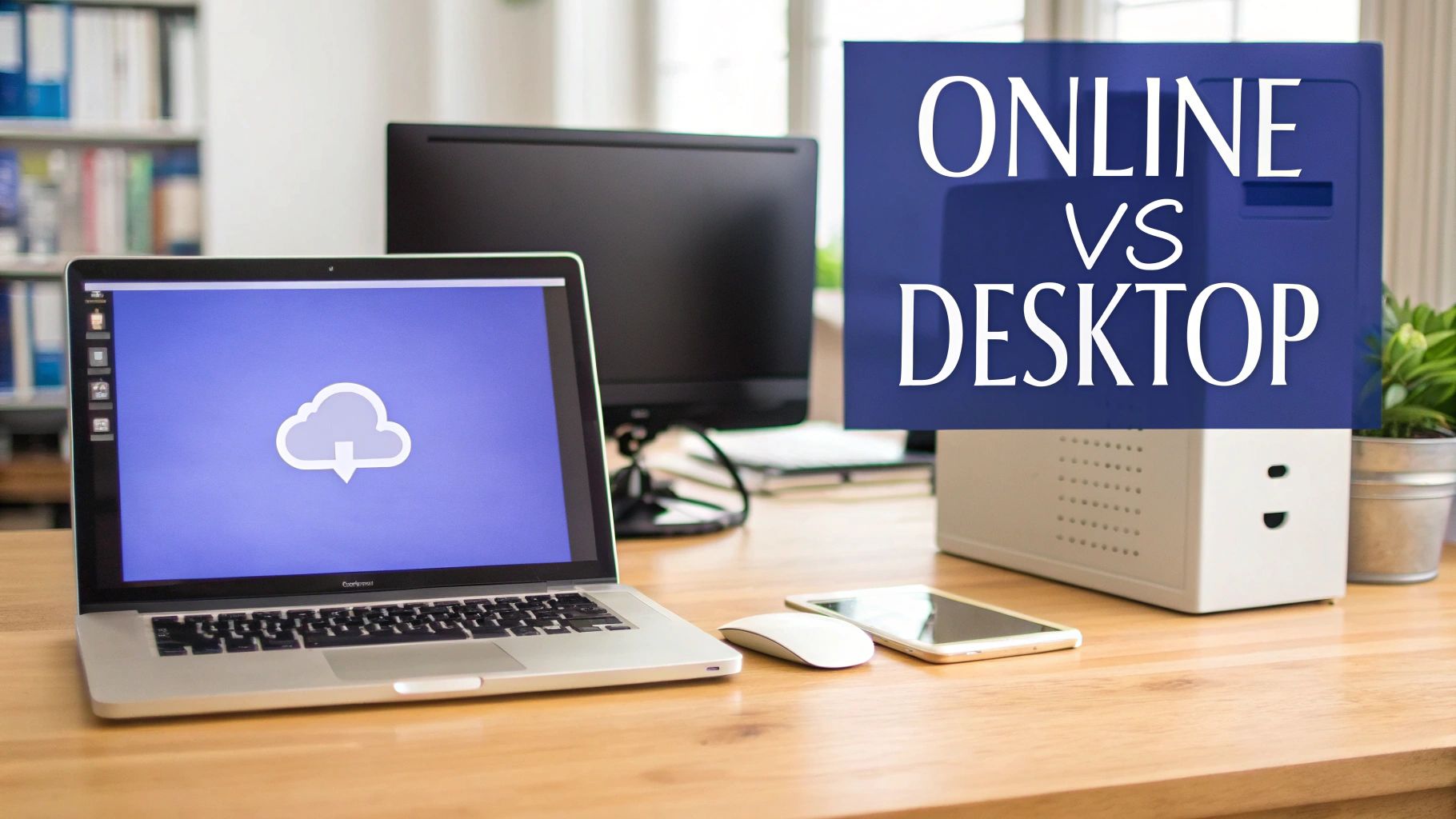 Laptop with cloud icon, monitor with 'ONLINE VS DESKTOP' text on a desk, illustrating software choices.