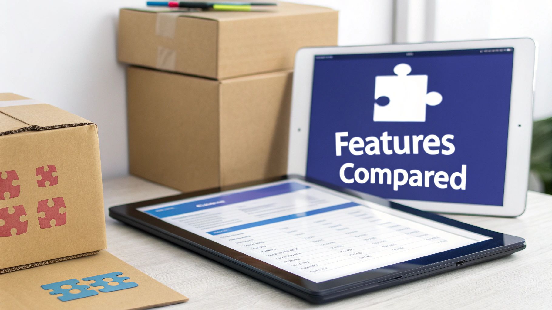 Digital tablets comparing features with puzzle pieces, alongside brown shipping boxes.