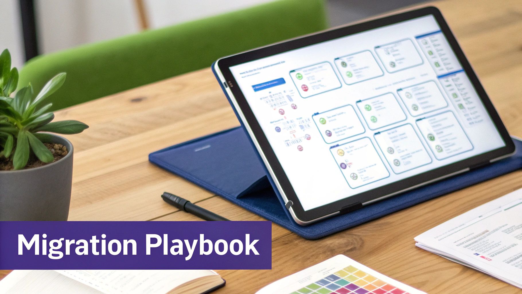 A tablet displaying a 'Migration Playbook' dashboard on a wooden desk with a plant and documents.