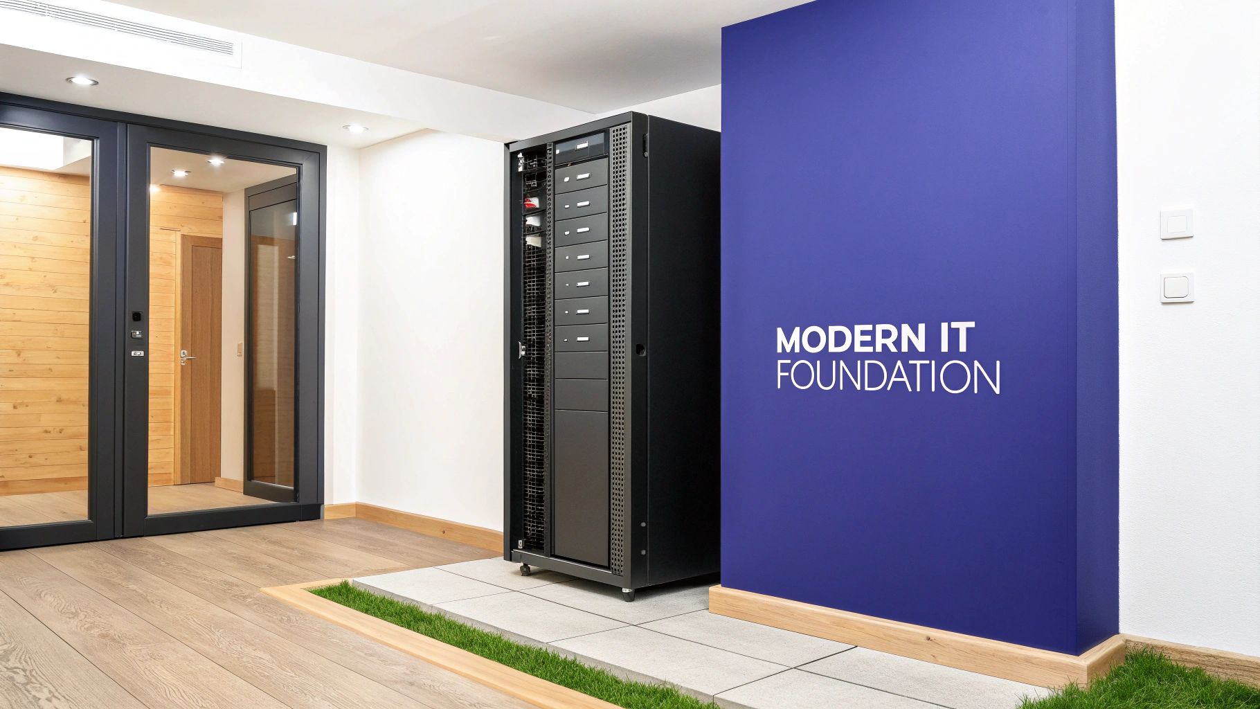 A team of IT professionals working on modernizing a server room, symbolizing IT infrastructure modernization.