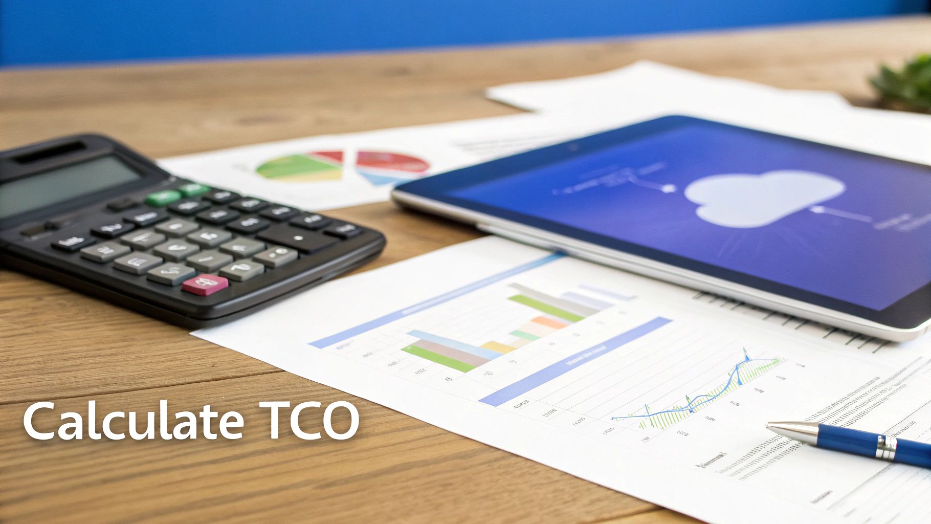 A person analyzing financial charts and graphs on a tablet, with cloud symbols floating in the background, representing cloud cost management.
