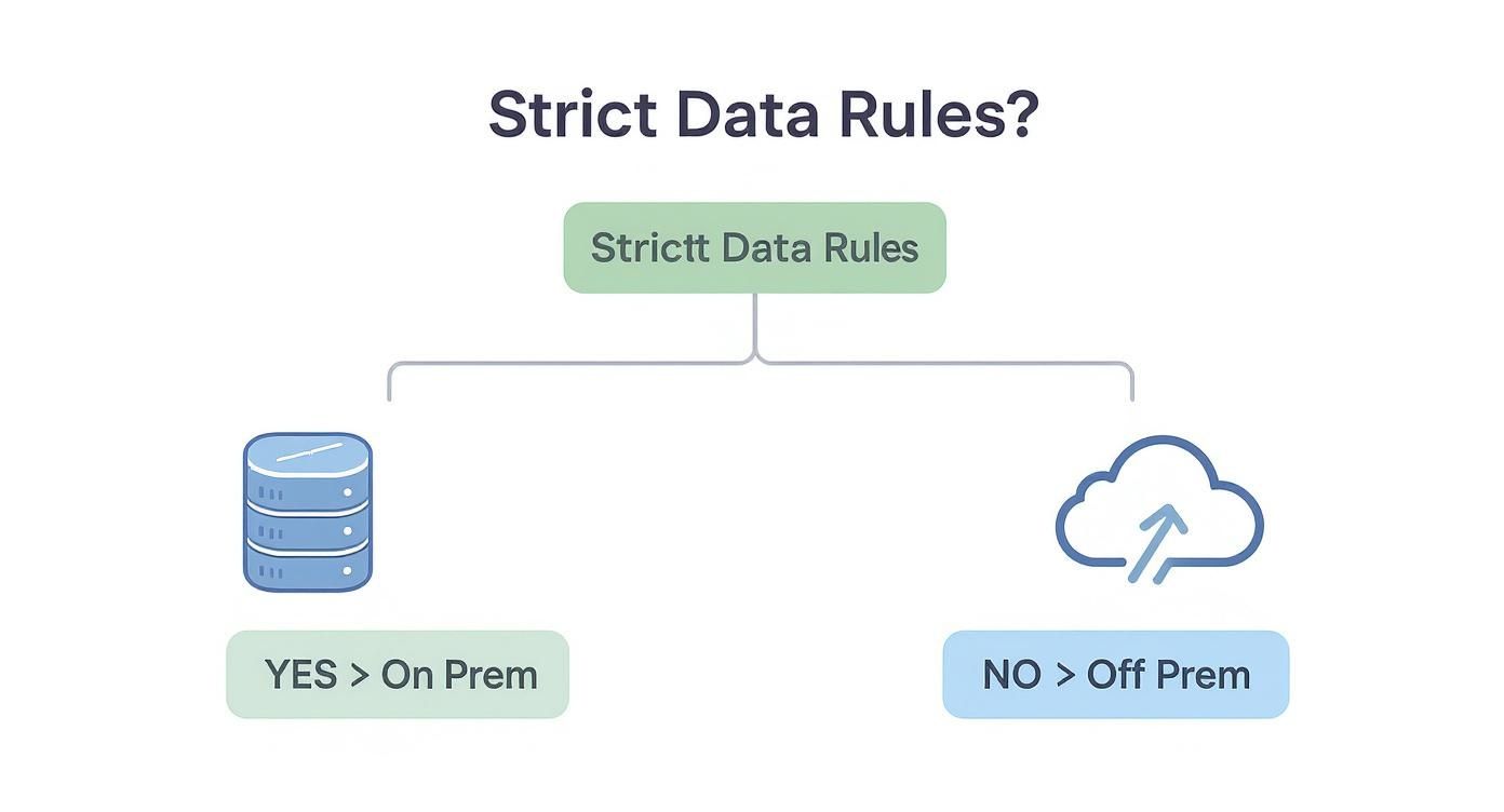 Infographic decision tree showing that businesses with strict data rules lean toward on-prem, while those without lean toward off-prem.