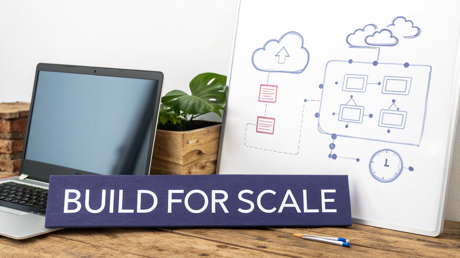 A desk setup featuring a laptop, plant, whiteboard with cloud architecture, and a 'BUILD FOR SCALE' sign.