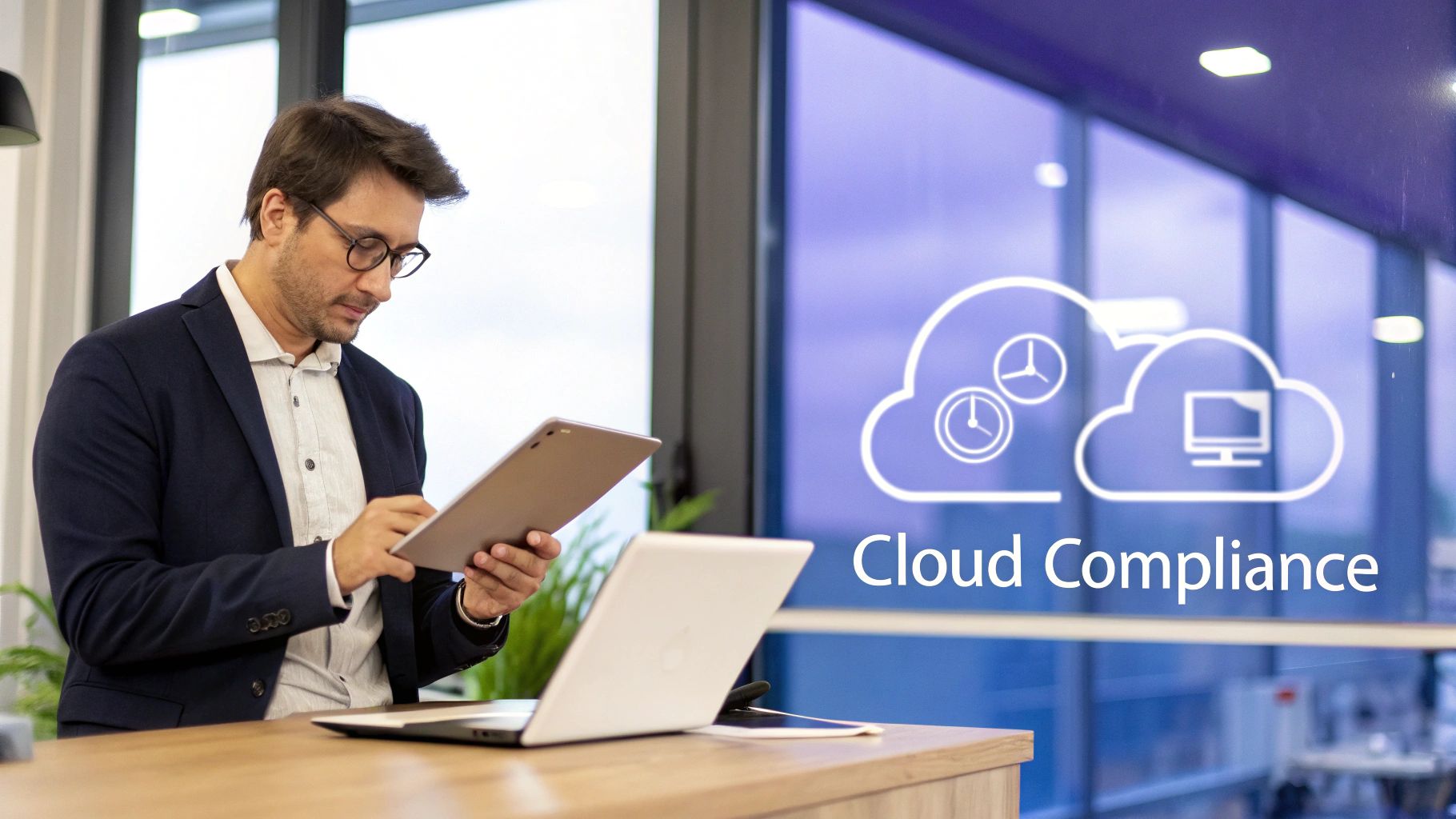 A professional man with glasses works on a tablet at a desk, with a laptop and 'Cloud Compliance' text on the window.