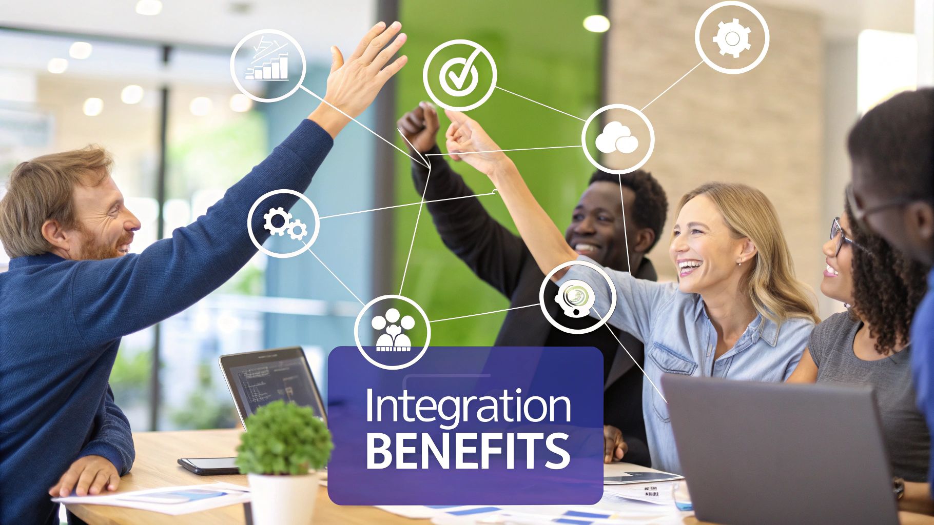 A frustrated business owner surrounded by disconnected puzzle pieces representing different software systems.