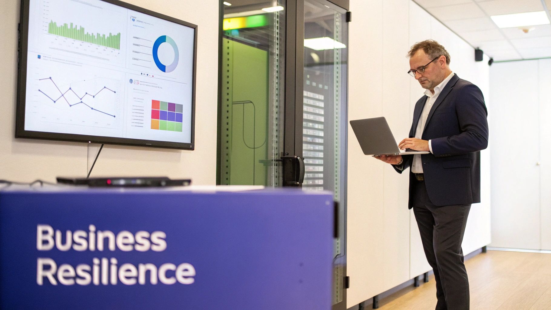 Businessman using laptop in a modern data center with charts on screen and 'Business Resilience' text.