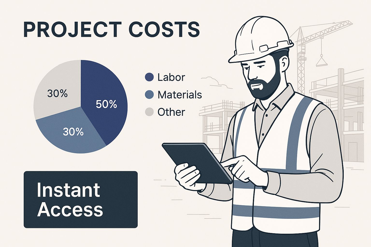 An infographic of a construction manager reviewing project costs on a tablet, with a text block that says 'Instant Access'.
