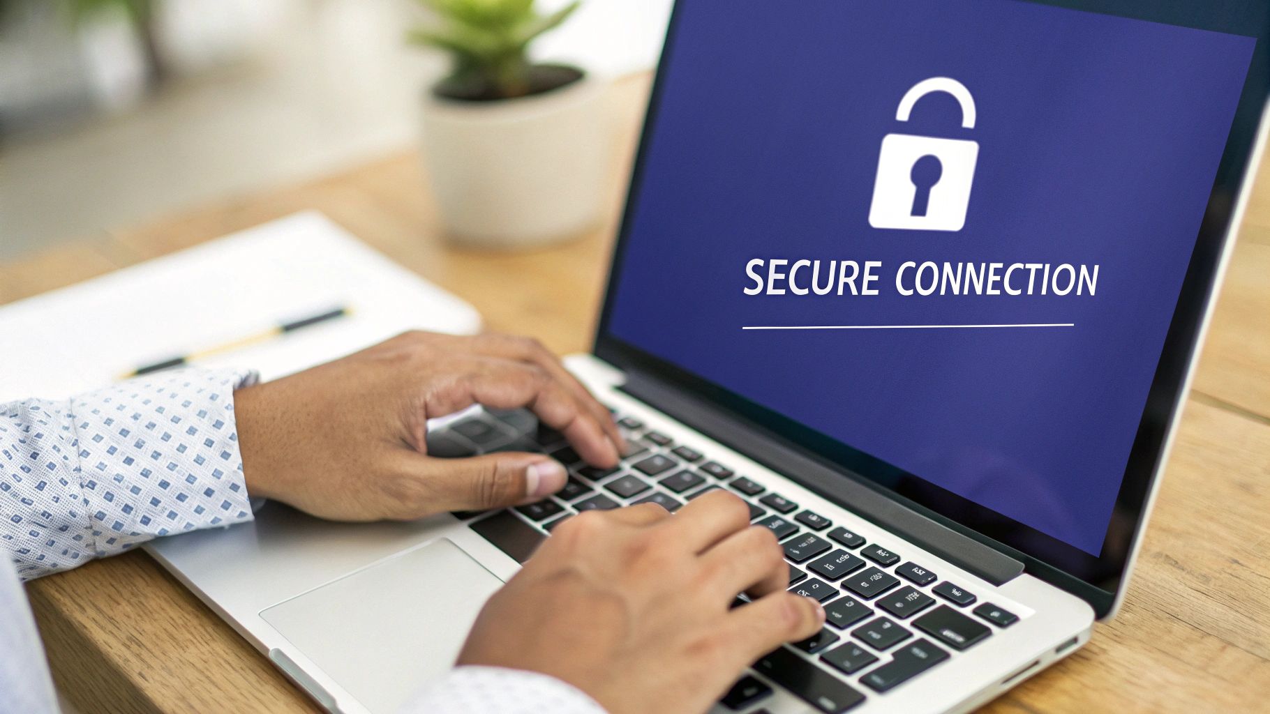 Close-up of a person typing on a laptop screen displaying a padlock and "SECURE CONNECTION" text.