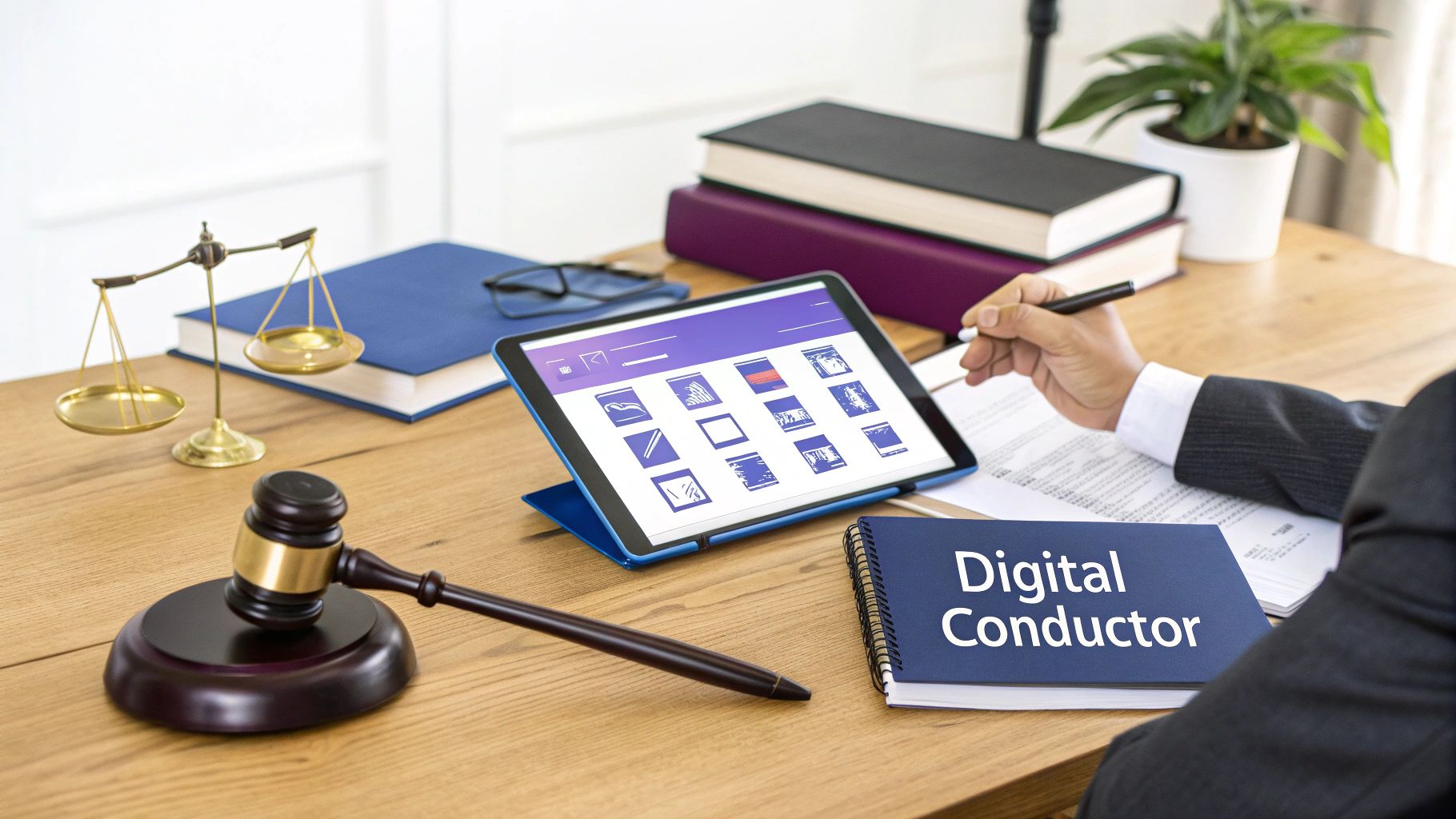 A lawyer's desk with a gavel, scales of justice, books, and a tablet showing digital files.