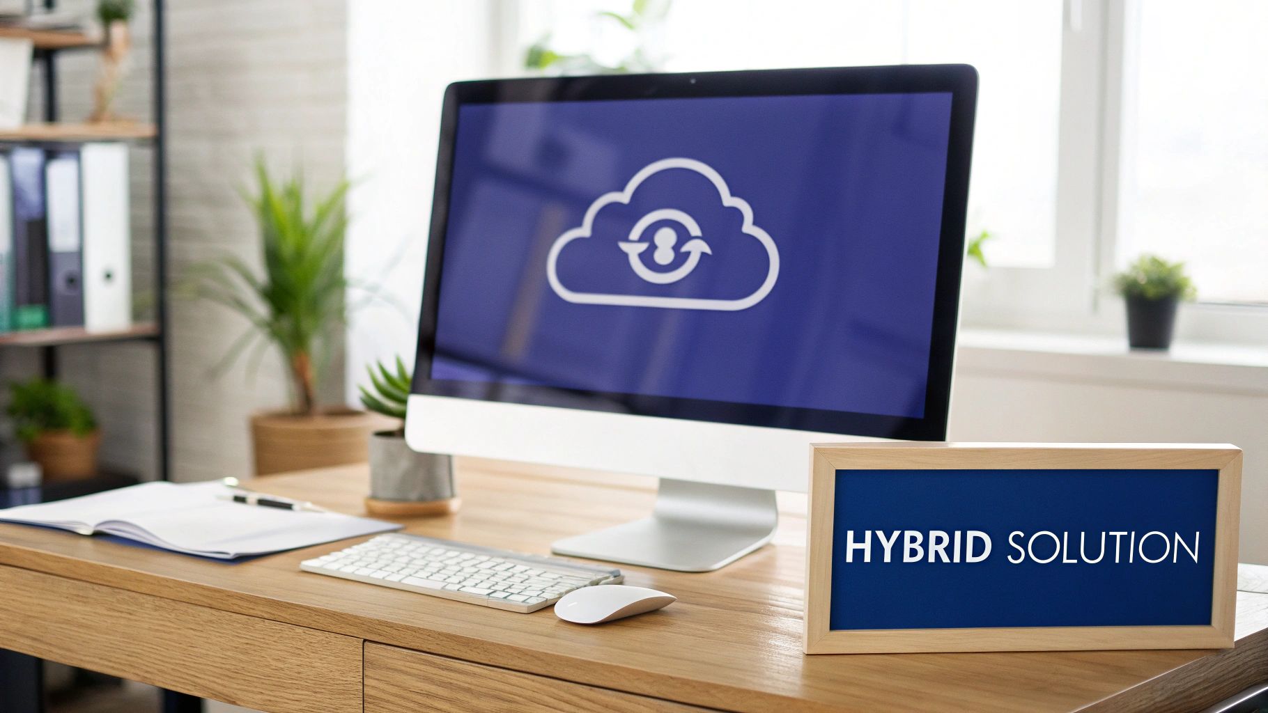 A professional working on a laptop in a modern, bright office, symbolizing the flexibility of cloud-hosted software.