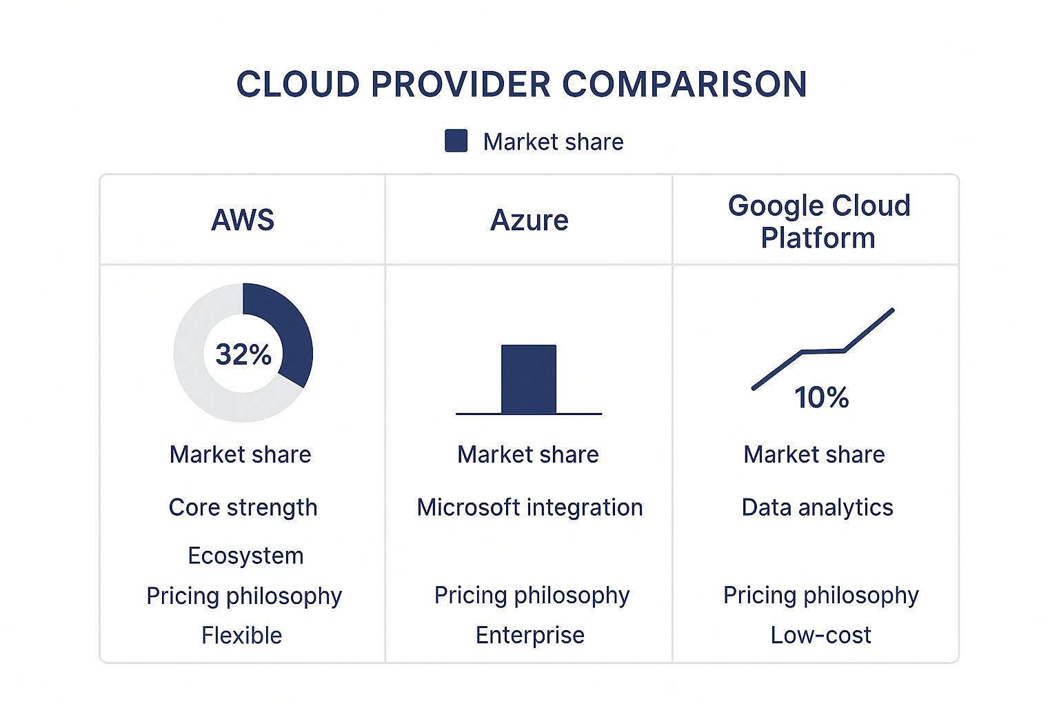 Infographic comparing AWS, Azure, and Google Cloud Platform on market share, core strengths, and pricing philosophy.