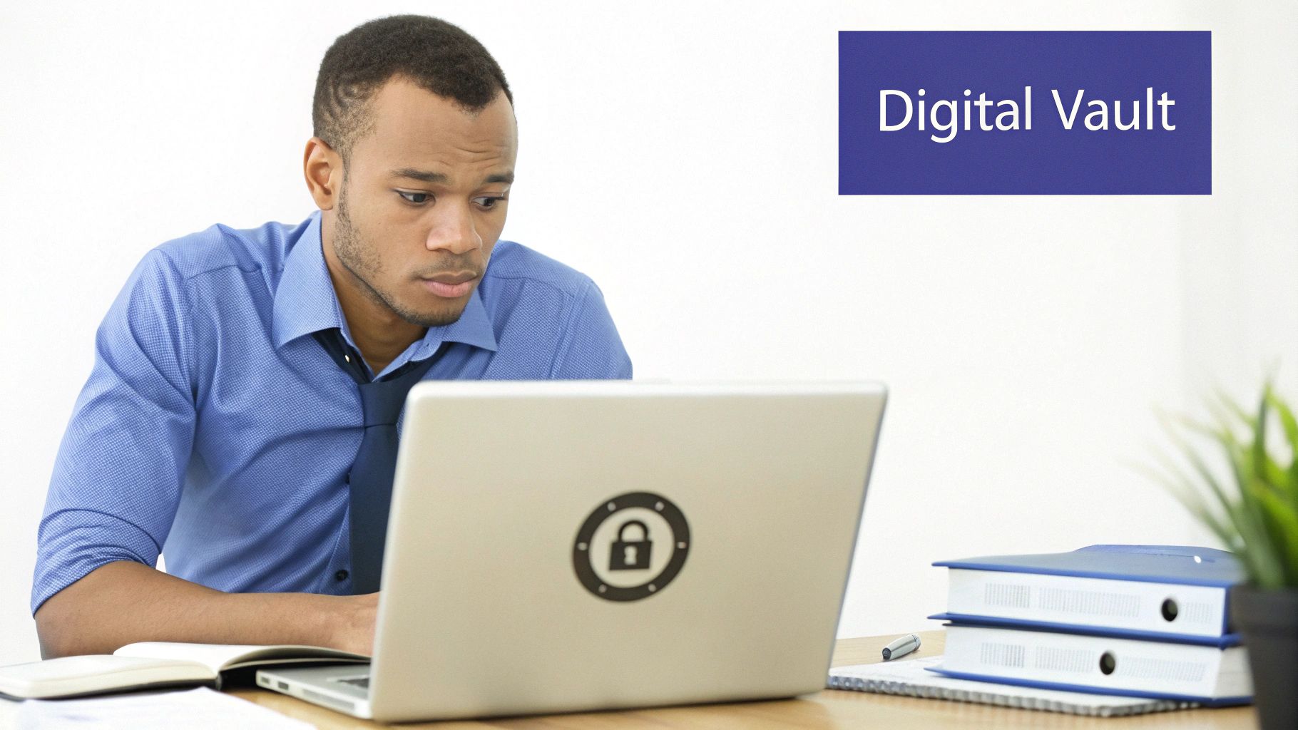 A man in a blue shirt works on a laptop with a security lock icon on its lid, symbolizing digital security.