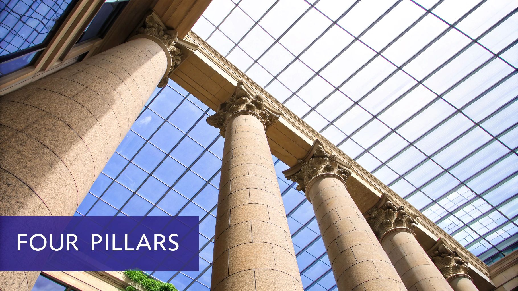 Four distinct icons representing infrastructure, software, cybersecurity, and people, arranged in a balanced layout.