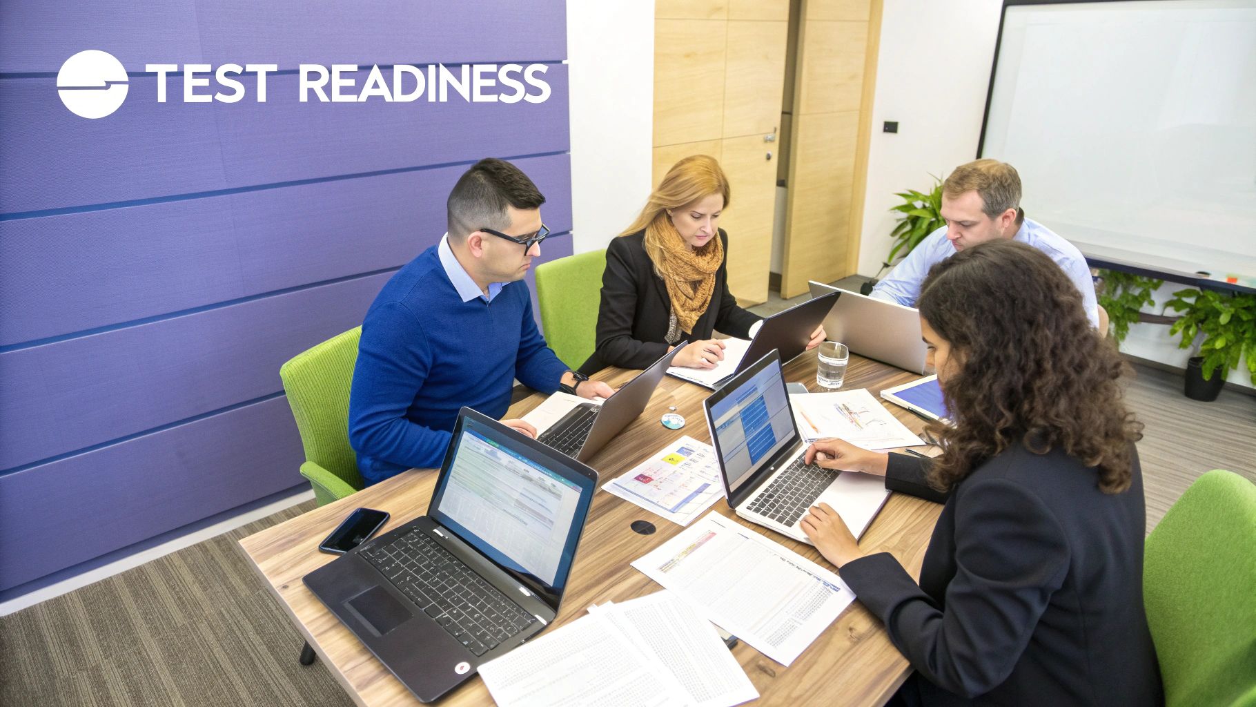 A team of professionals collaborating around a table, reviewing documents and strategizing for a business continuity plan test