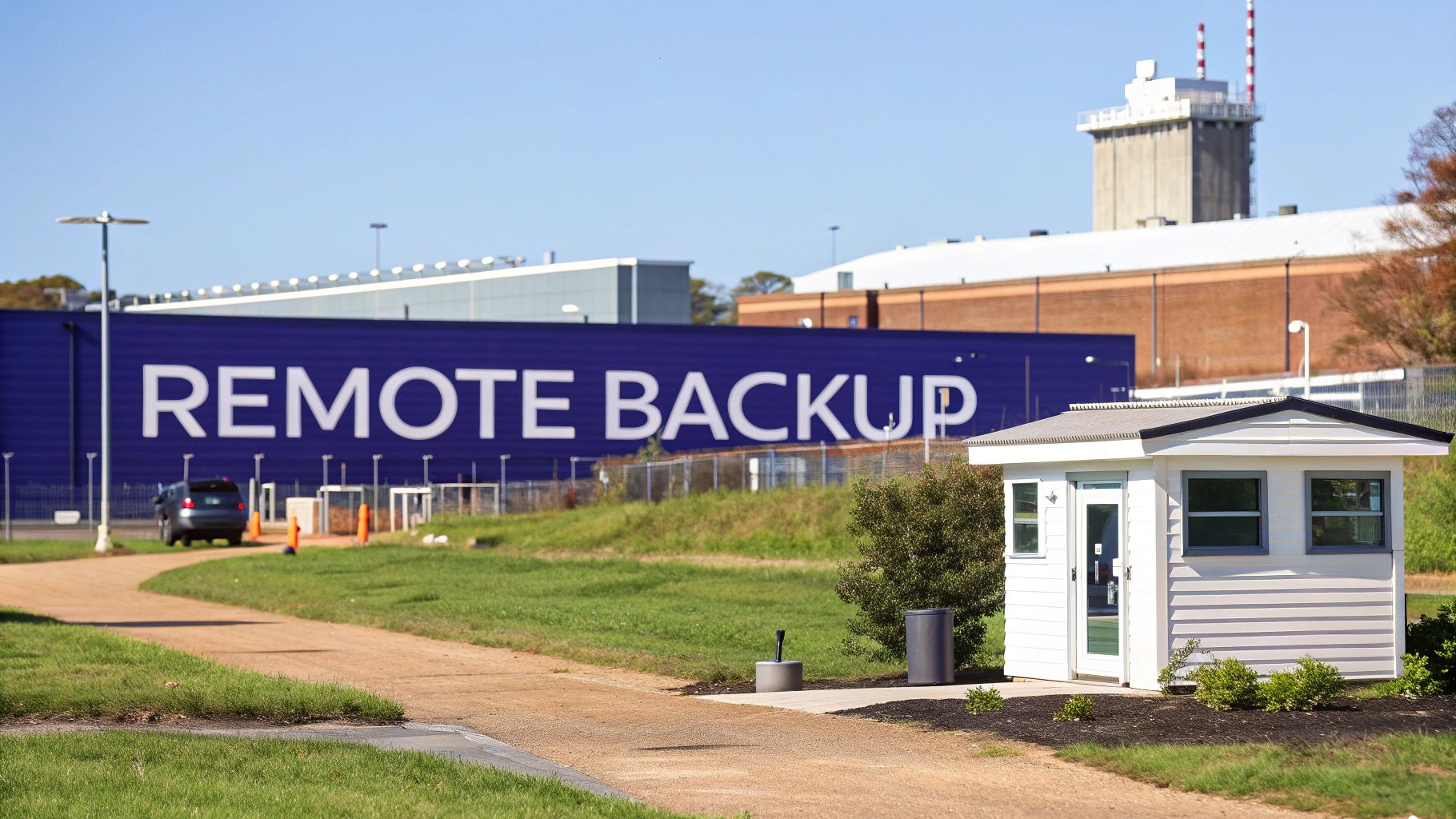 A large blue building displays 'REMOTE BACKUP' behind a small white guardhouse and path.