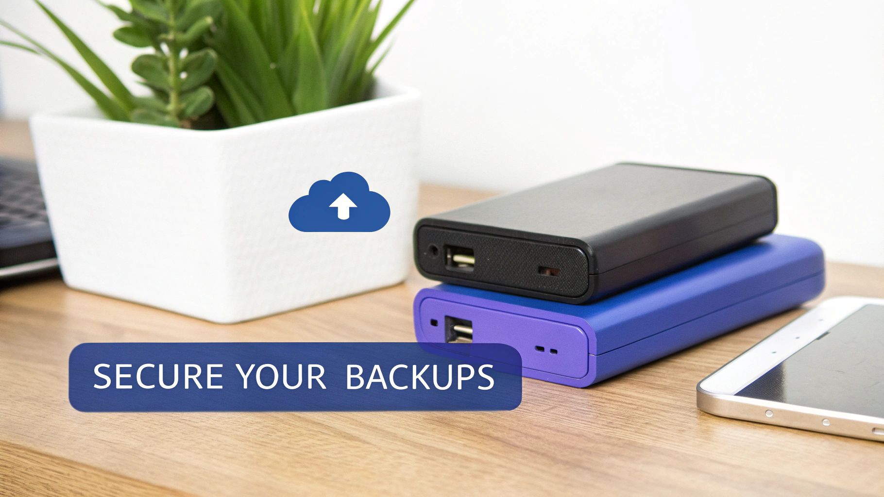 External hard drives and smartphone beside cloud upload icon on white planter for secure data backup