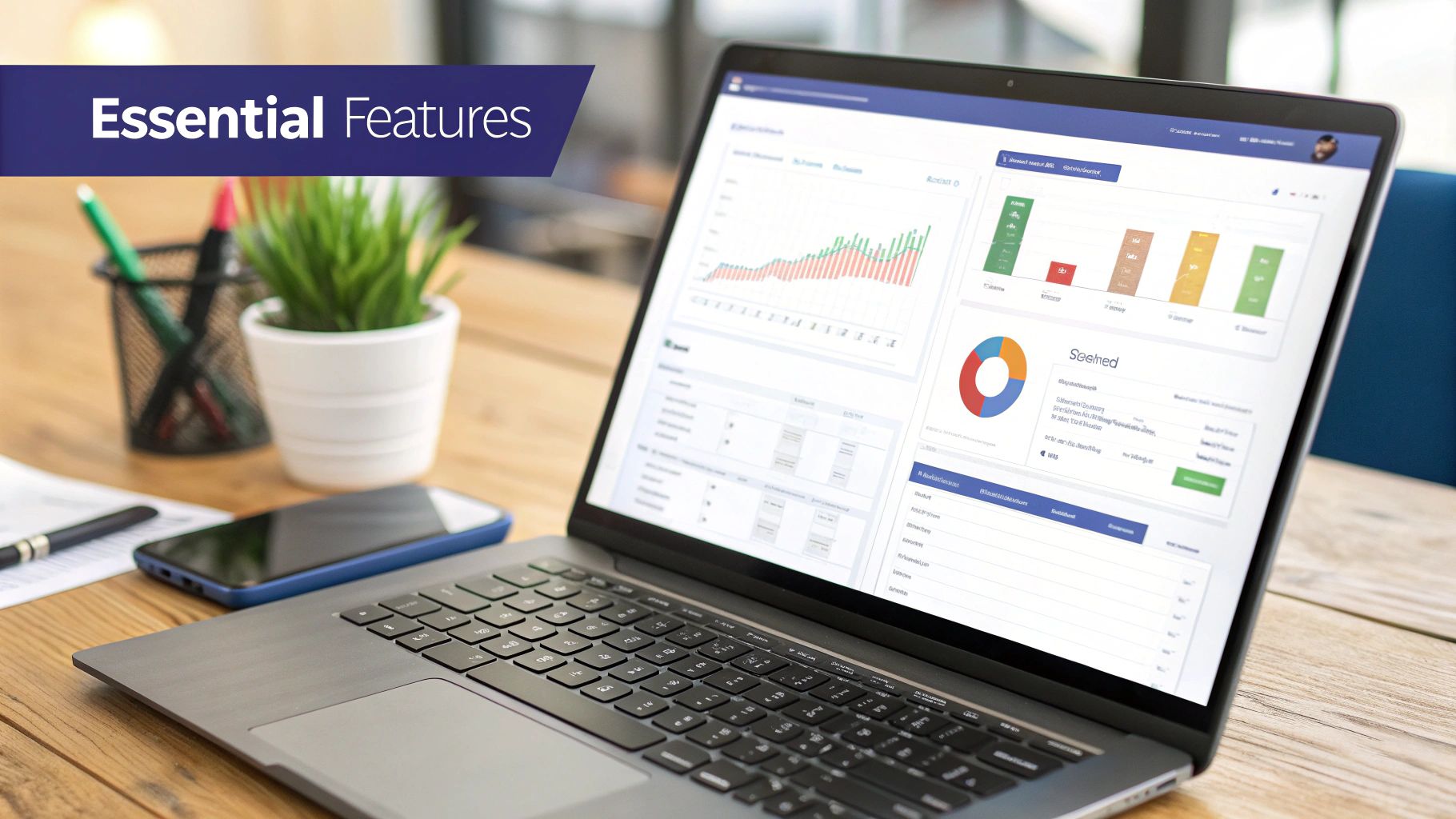 A user-friendly dashboard on a tablet showing key financial metrics like cash flow, profit & loss, and outstanding invoices.