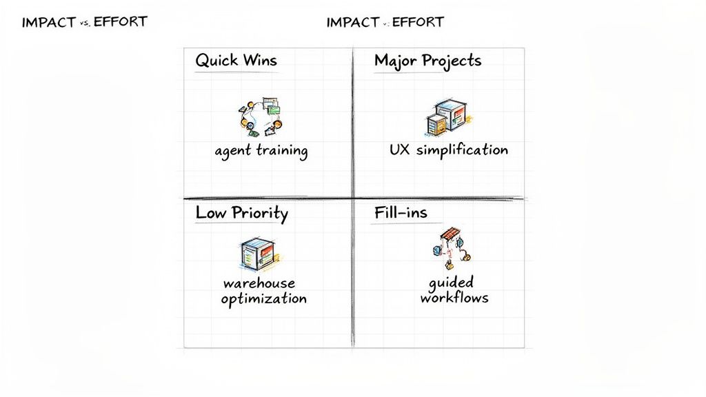 An Impact vs. Effort matrix categorizing quick wins, major projects, low priority, and fill-ins.