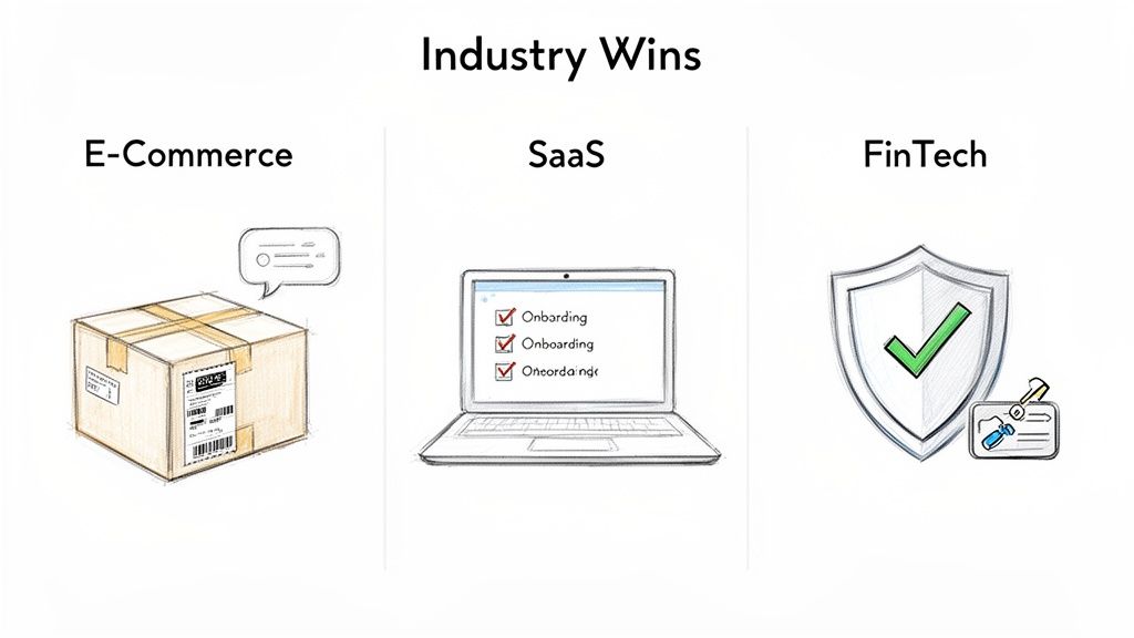 Hand-drawn icons illustrating industry wins in E-commerce, SaaS onboarding, and FinTech security.