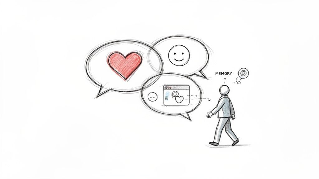 A sketch of a person walking, with thought bubbles showing a heart, smiley face, and a web interface leading to memory.