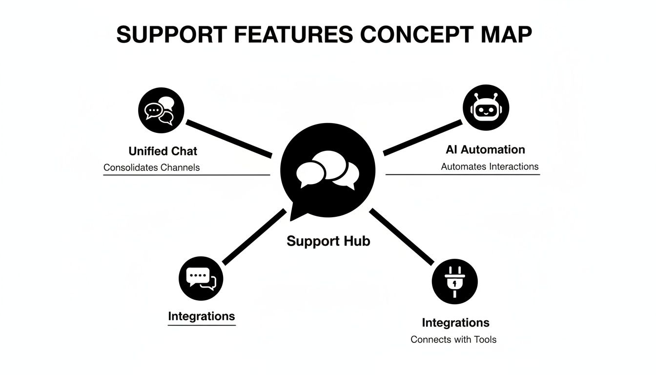 A black and white concept map illustrating key support features like unified chat, AI automation, and integrations.