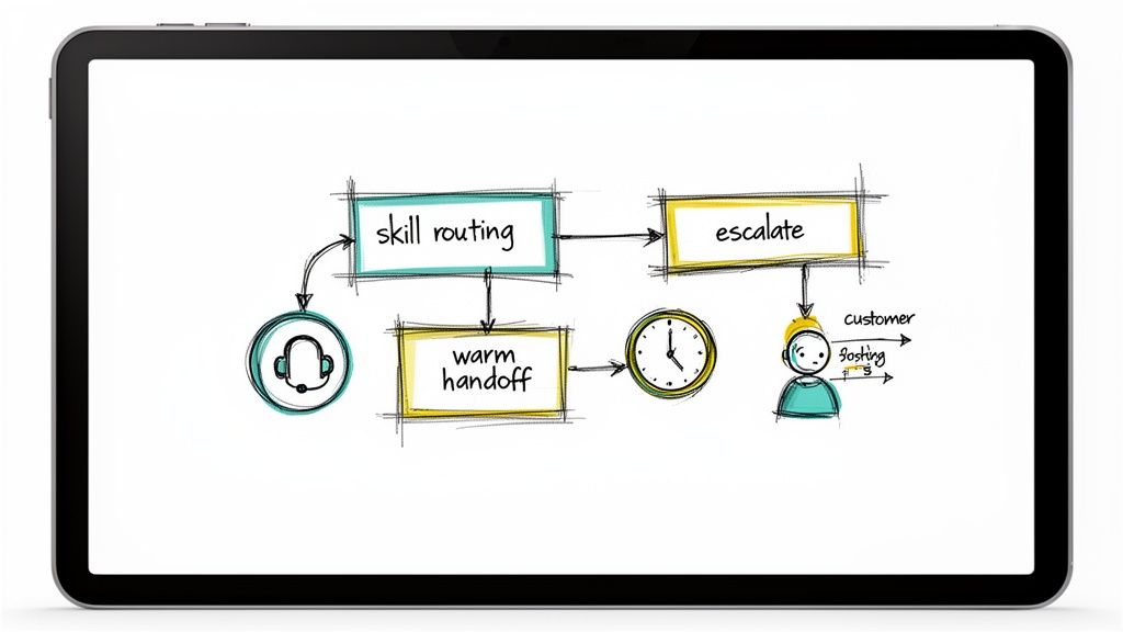 Flowchart on a tablet screen illustrating customer service processes: skill routing, warm handoff, and escalation.