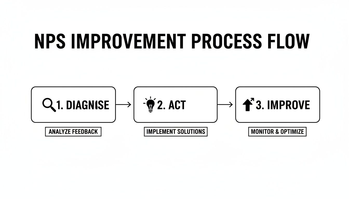 NPS improvement process flow diagram showing three steps: Diagnose, Act, and Improve.