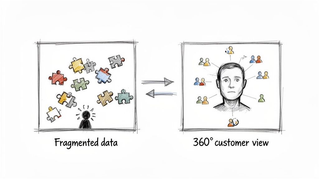 Illustration contrasting fragmented data (puzzle pieces) with a unified 360-degree customer view.