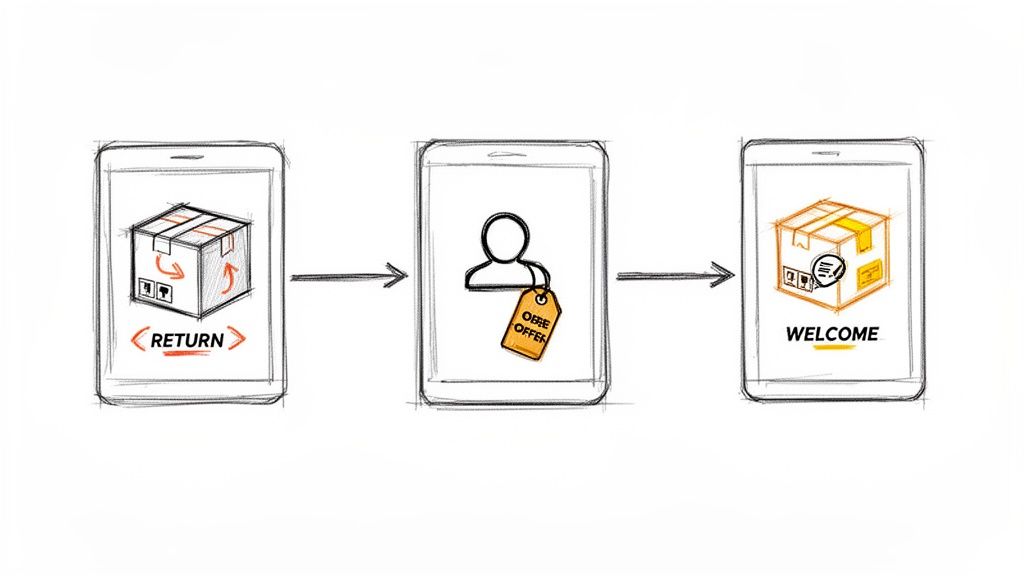 A three-step diagram on mobile screens illustrating a product return process, followed by an offer, and a welcome for re-engagement.