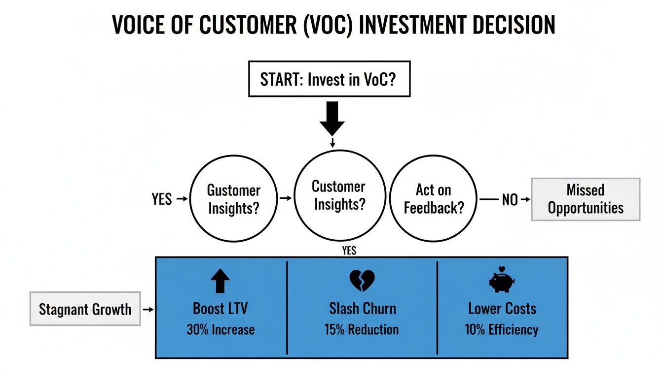 Flowchart illustrating Voice of Customer (VoC) investment decisions and business benefits.