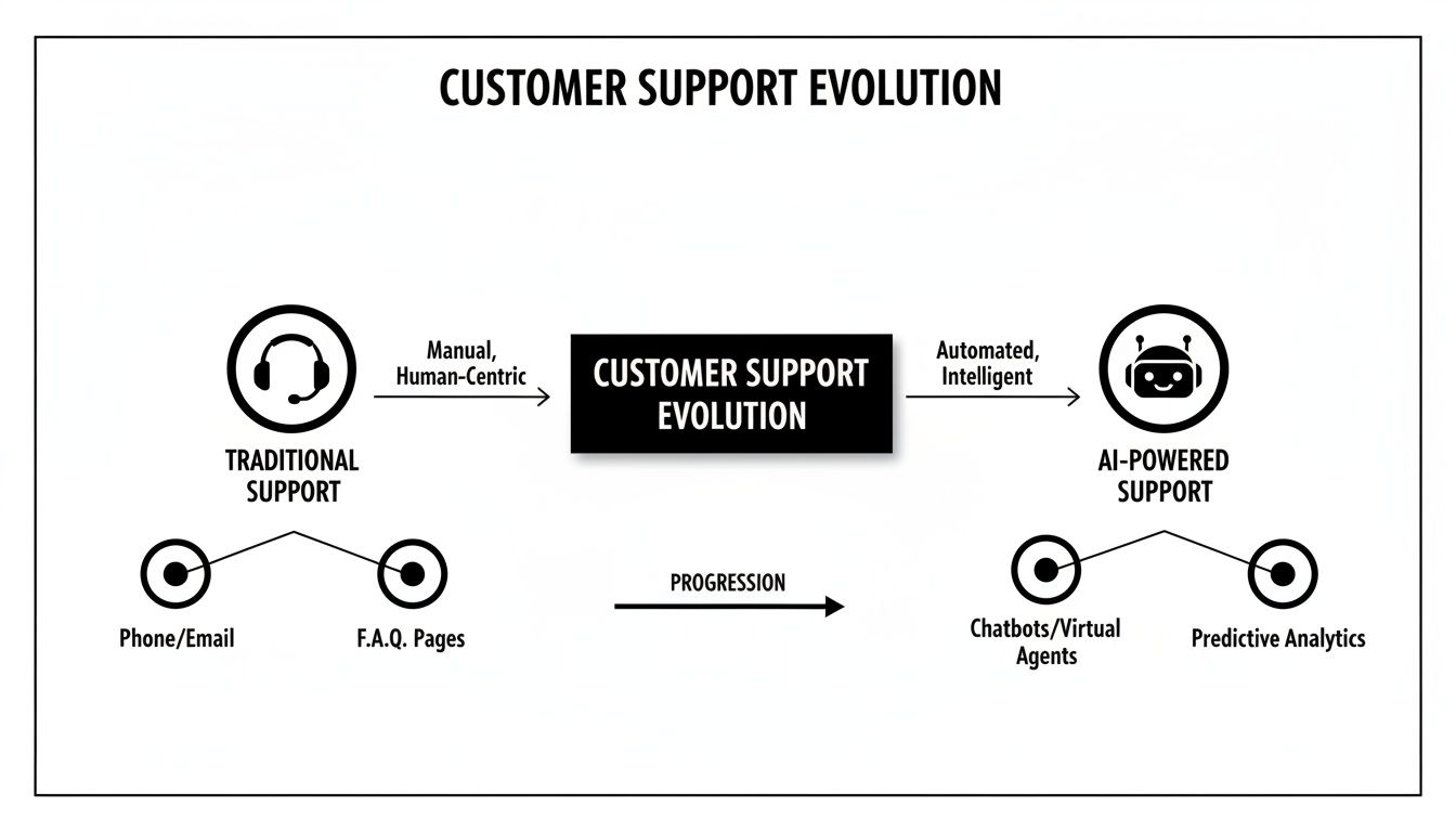 Diagram illustrating the evolution of customer support from traditional to AI-powered solutions.