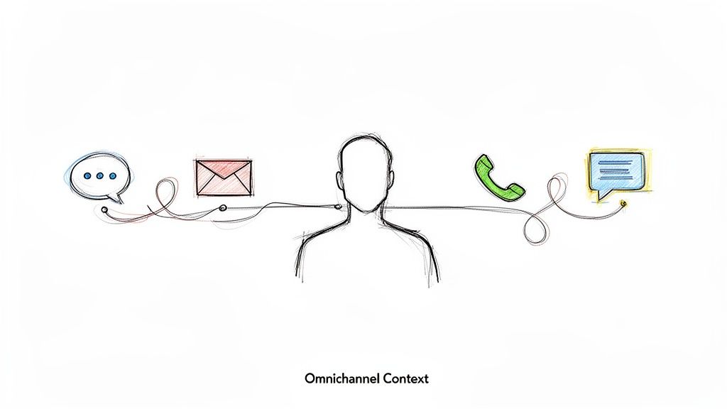Sketch of a person connected to various communication channels: chat, email, phone, and text, illustrating omnichannel context.