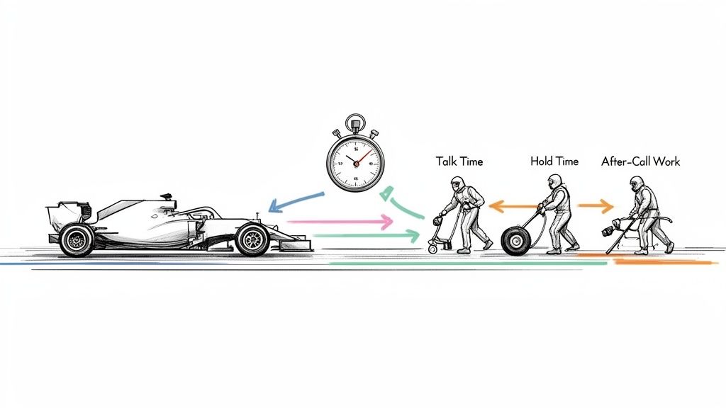 F1 pit crew diagram showing stopwatch with Talk Time, Hold Time, and After-Call Work segments.