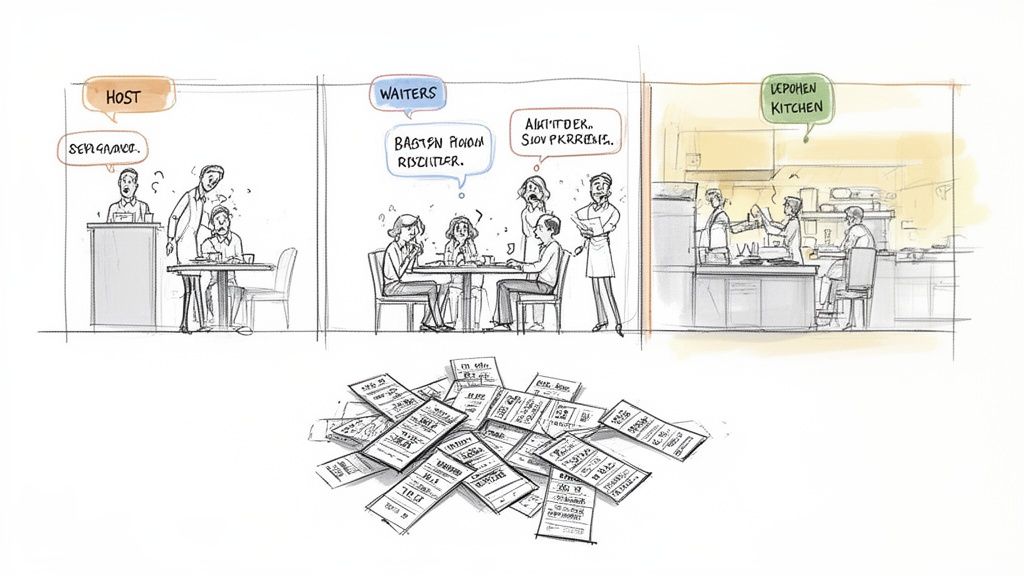 Sketch of a chaotic restaurant with confused customers, overwhelmed staff, and a pile of order tickets.