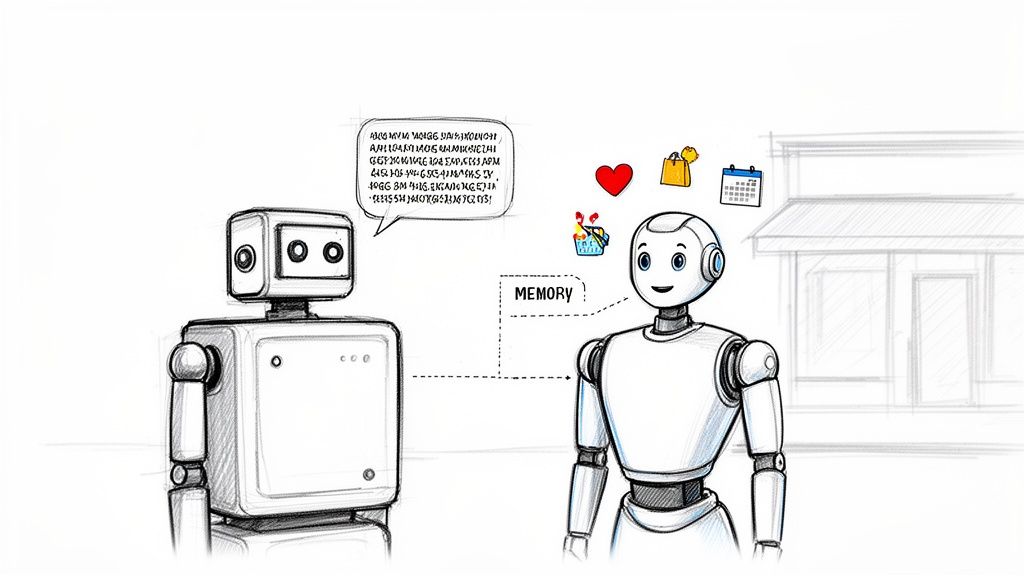 Sketch of two robots: one speaks data, the other stores memories like shopping preferences.