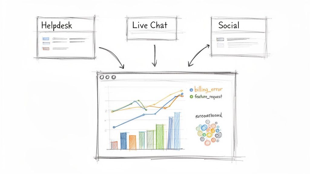 Diagram showing Helpdesk, Live Chat, and Social data feeding into a central analytics dashboard with charts.