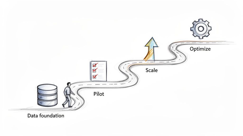A diagram showing a four-stage data journey: Data foundation, Pilot, Scale, and Optimize.