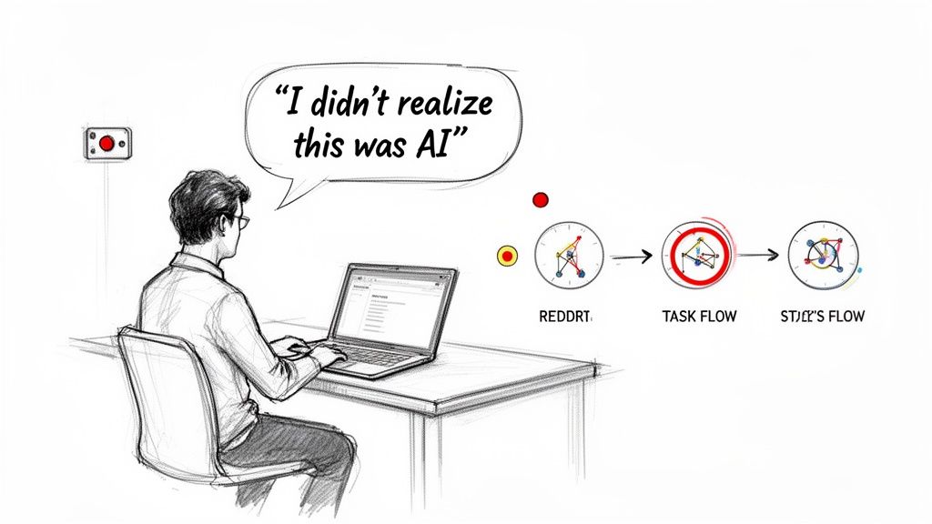 Man at laptop with a thought bubble "I didn't realize this was AI," showing a workflow.