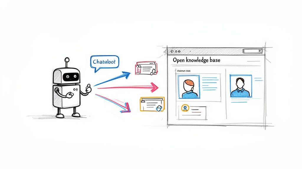 A chatbot communicates with an open knowledge base, retrieving and processing information from user profiles.