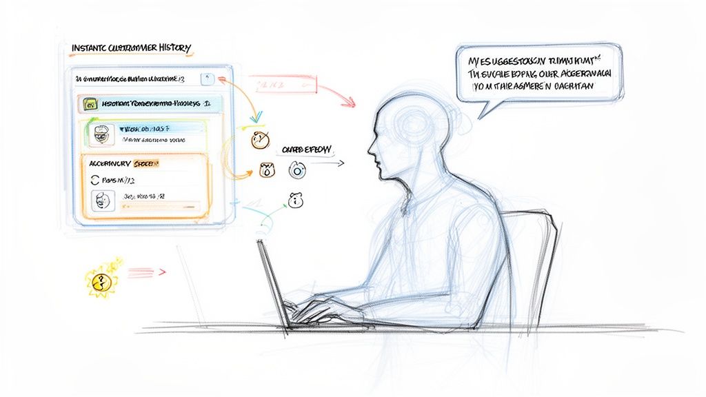 A hand-drawn sketch showing a user interacting with a customer history interface and workflow.