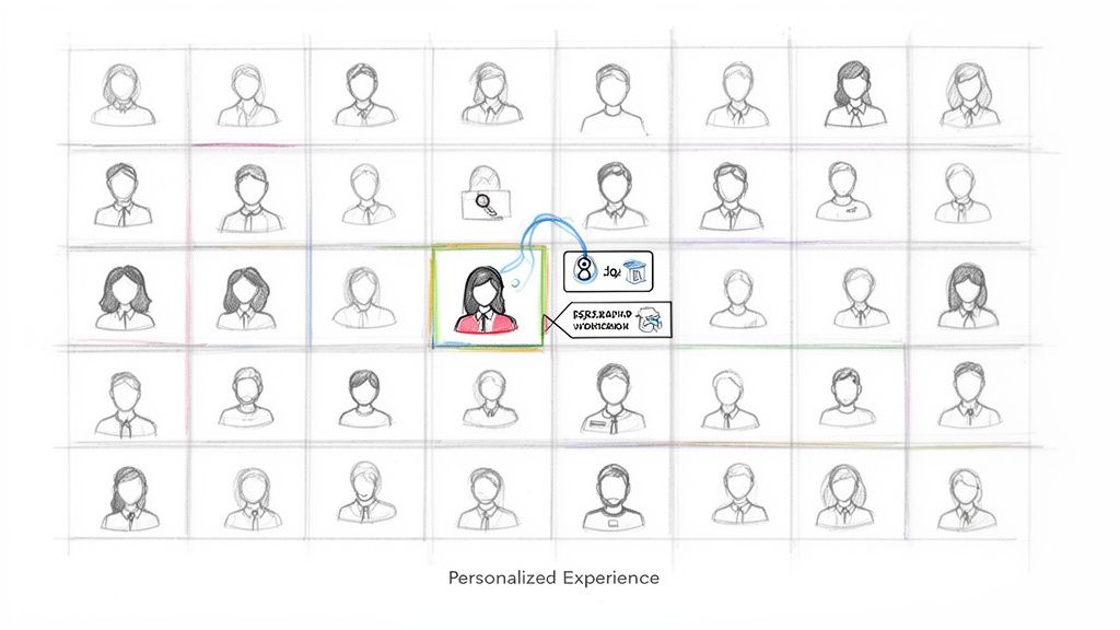 Grid of user profiles, one highlighted with linked data for personalized experience.