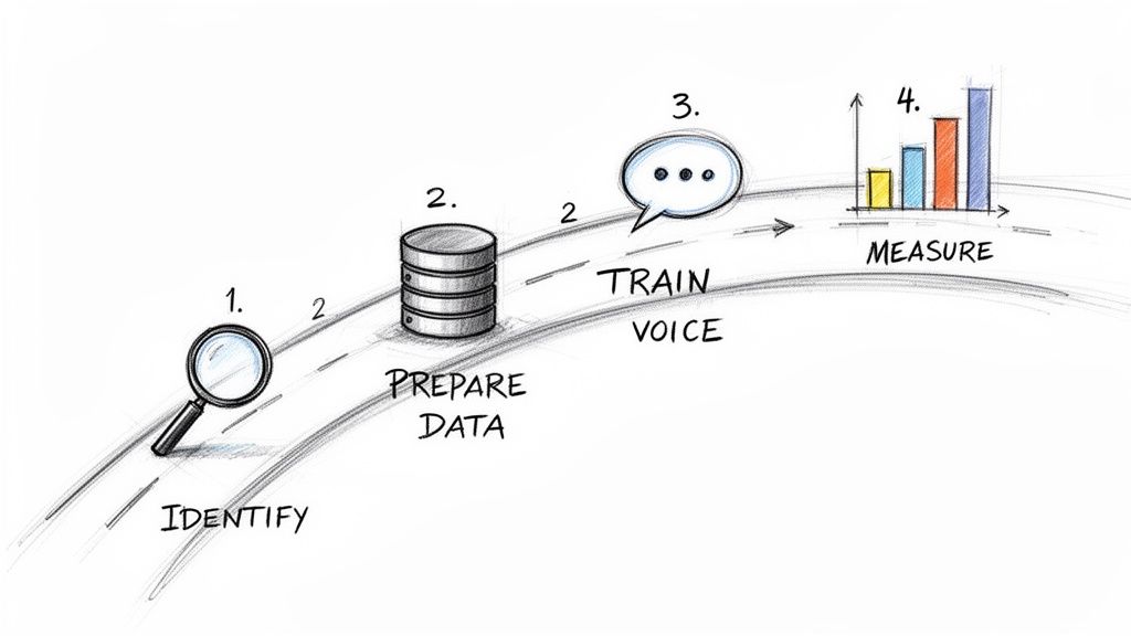 A four-step diagram illustrating the process for AI voice solutions: Identify, Prepare Data, Train Voice, and Measure.
