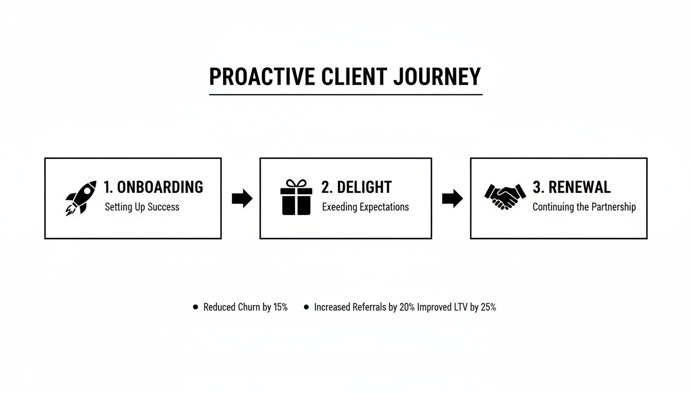 A diagram outlining a proactive client journey with steps: Onboarding, Delight, and Renewal, showing key benefits.