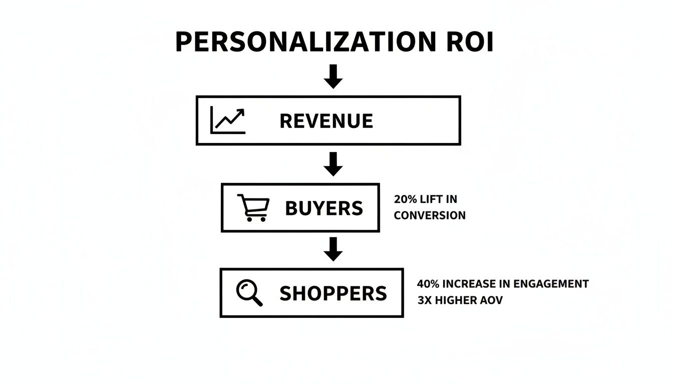 Flowchart illustrating personalization ROI, detailing impacts on shoppers, buyers, and overall revenue with key metrics.