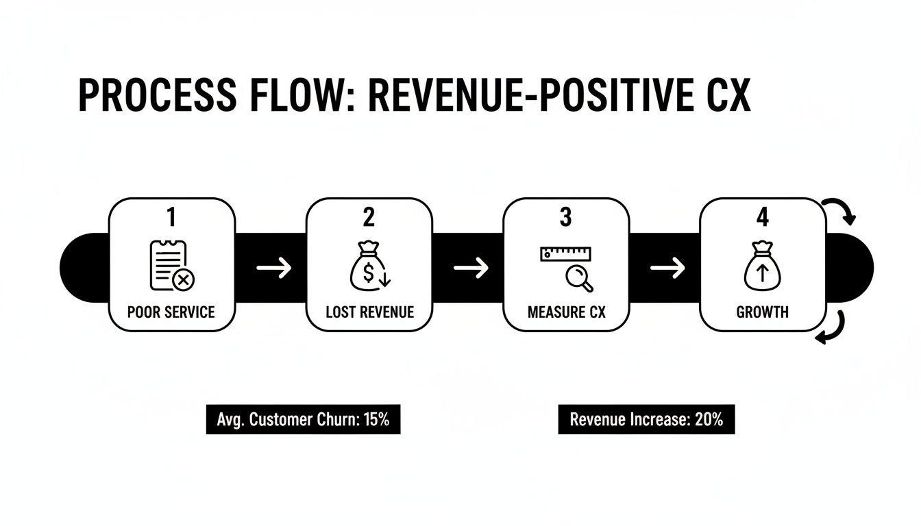 A process flow diagram illustrating the steps from poor service to revenue growth through customer experience measurement.