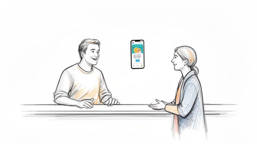 A sketch shows a man and a woman conversing, with a smartphone app floating between them.