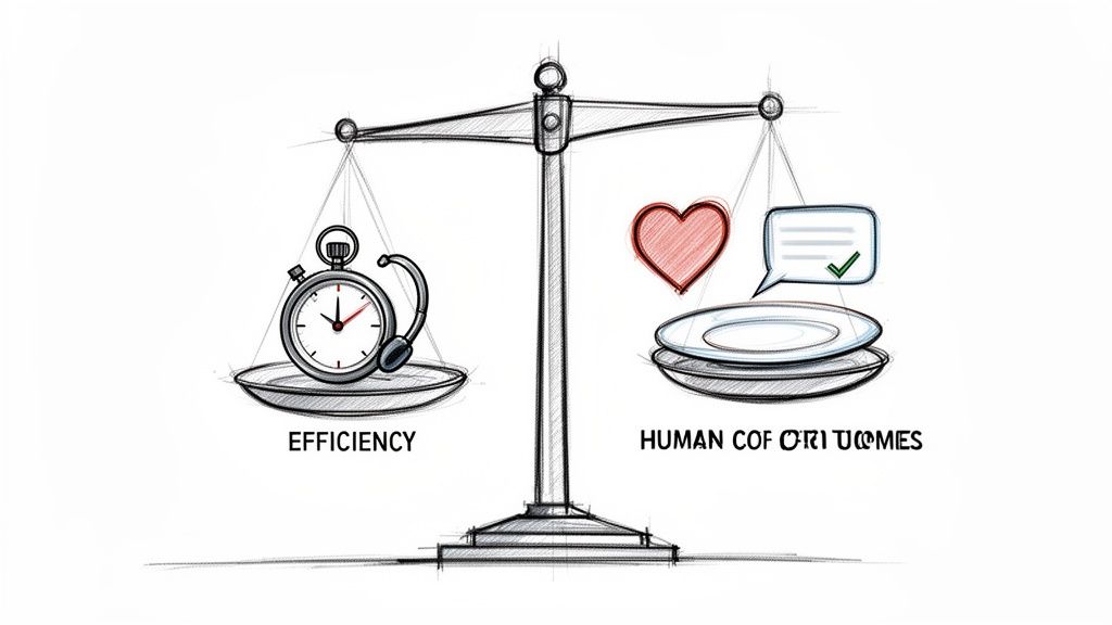 A sketch of a balance scale weighing efficiency (stopwatch, headset) against human comfort and positive outcomes (heart, speech bubble, plates).