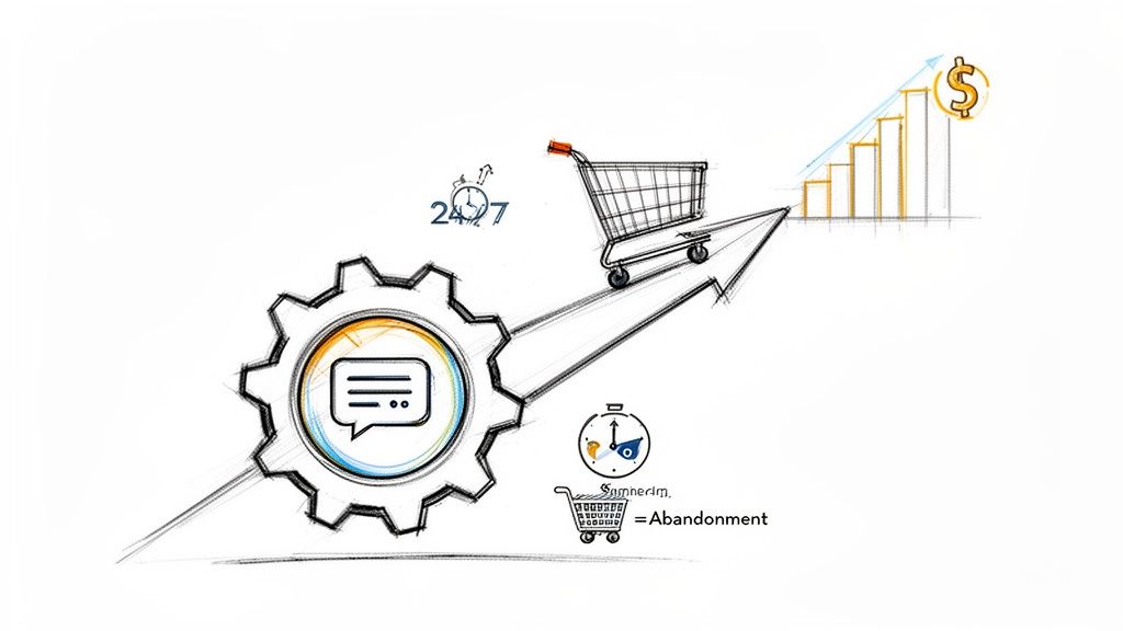 A whiteboard sketch shows conversational AI (chat bubble in gear) boosting e-commerce sales and preventing cart abandonment.