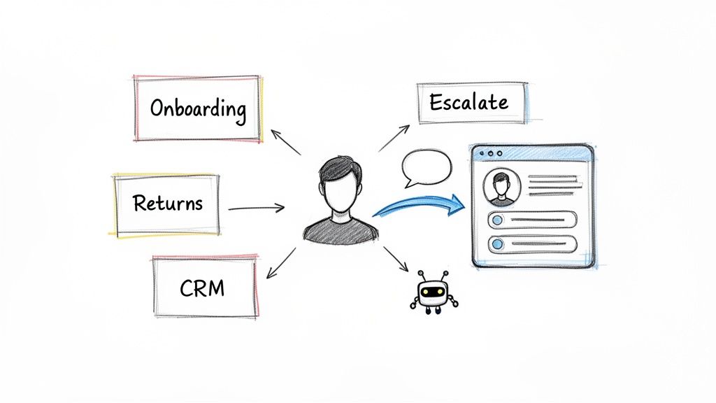 Flowchart illustrating customer interaction management in a contact center, involving various processes and digital tools.