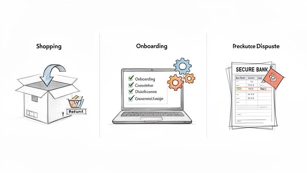 Visualizing three business processes: online shopping return, digital onboarding, and a bank payment dispute.